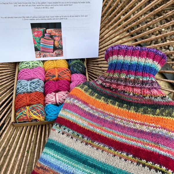 KNITTING KIT for Scrappy Hot Water Bottle Cover  (pattern written by Sue Morgan @ Viridian)