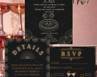 May include: Black and gold wedding invitation suite with art deco design. The invitation includes the names Olivia & John, event details, and a roulette wheel graphic. Additional cards include details and RSVP information.
