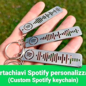 以下が含まれることがあります： ユニークなバーコードデザインのシルバーSpotifyキーホルダー。各キーホルダーにはSpotifyのロゴと、曲のオーディオデータを表す一連の線があります。キーホルダーはシルバーのキーリングに取り付けられています。