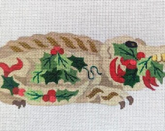 Hand-Painted Needlepoint Canvas – Festive Alligator Christmas Ornament - Original Design - 7.5" x 3" - 18 Mesh