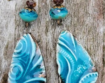 Medium turquoise glazed handcrafted impressed ceramic teardrop dangle with two-tone Czech glass earring