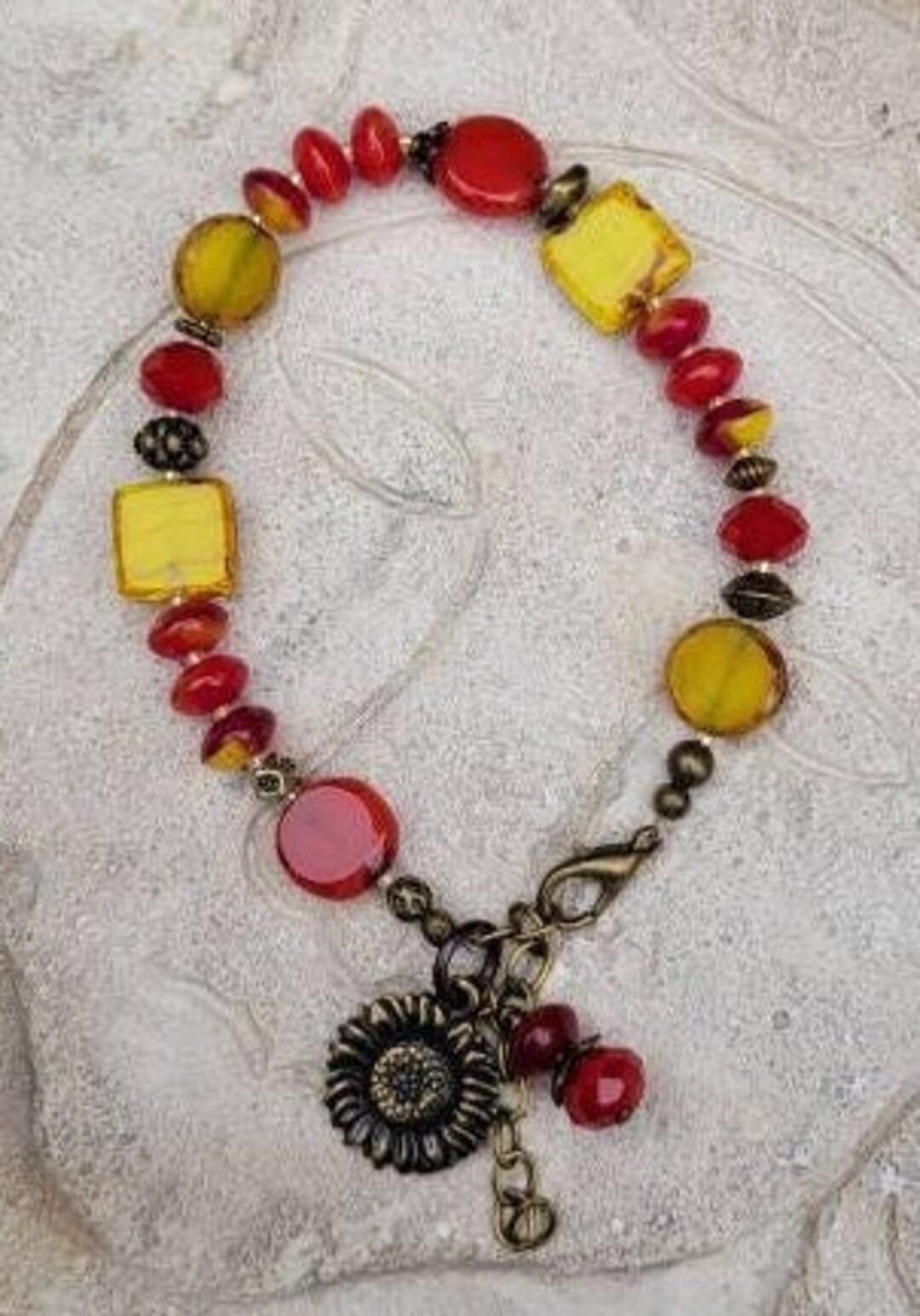 B118 - Red & Yellow Czech Glass Bead Bracelet: Antique Brass