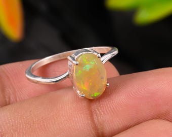 Ethiopian Opal Ring, Oval Sterling Silver, October Birthstone