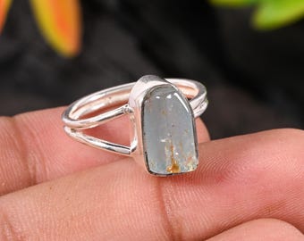 Raw Aquamarine Sterling Silver Ring, Natural Crystal Bar Ring, March Birthstone