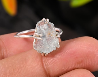 Anillo de aguamarina en bruto: plata de ley 925, piedra de cristal sin tallar
