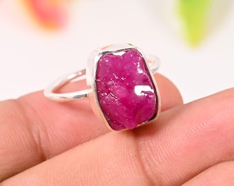 Raw Ruby Sterling Silver Ring, Boho Uncut Crystal Jewelry