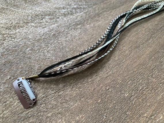 Boho Feather Hair Extension Clip: Extra Long, Real Natural Grizzly Rooster Feathers