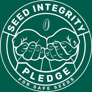 May include: A circular emblem with the words "SEED INTEGRITY" and "PLEDGE FOR SAFE SEEDS" in white text on a dark green background. The design features two hands cupping a seed, with a seed floating above.