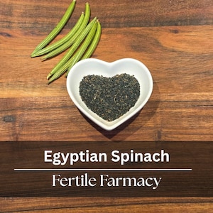 May include: A heart-shaped white bowl filled with black seeds, alongside green, elongated vegetables, all set on a dark wooden surface. The text "Egyptian Spinach" and "Fertile Farmacy" are displayed below the bowl.
