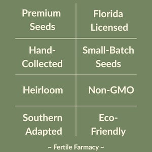 Może przedstawiać: Zielony kwadratowy grafika z białym tekstem. Tekst zawiera "Premium Seeds", "Florida Licensed", "Hand-Collected", "Small-Batch Seeds", "Heirloom", "Non-GMO", "Southern Adapted" i "Eco-Friendly". Tekst "~ Fertile Farmacy ~" znajduje się na dole.