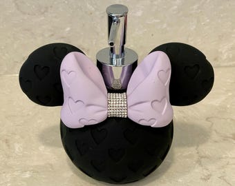 Disney Minnie Mouse soap dispenser, soap pump, black cutout design Lavender bow sparkles! Beautiful as well as functional! Perfect Gift!