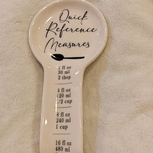 Quick Reference Measures, Ceramic Spoon Rest, holds Cooking spoons,  handle has a convenient Quick Measurement Reference Guide! Great Gift!