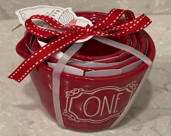 RARE Rae Dunn Dark Red Stacking Measuring Cups, Stone 4 Piece Set
