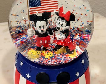 Disney Mickey and Minnie Musical Snow Globe, Featuring Mickey, Minnie & the Flag, Shake For Red, White and Blue Confetti, 4th of July Decor!