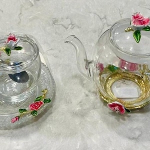 Glass cup with saucer and tea pot set intricately detailed, with metal flowers! Perfect for coffee, tea or any Hot Drink! Beautiful Gift!