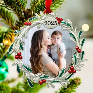 2023 Red Mistletoe Circle Christmas Ornament – Personal Photo Picture Frame With Hanger 10 thumbnail image