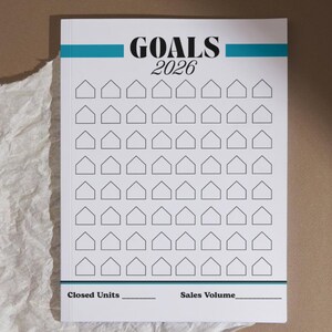 May include: A white notepad with the word "GOALS" and the year "2026" printed in black. The notepad has a teal stripe at the top and a grid of house-shaped boxes. Below the grid are lines for "Closed Units" and "Sales Volume".
