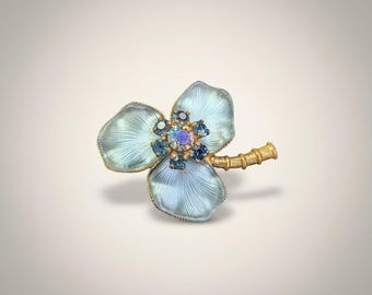 Vintage Molded Frosted Glass Clover Brooch, Mid-Century Blue Rhinestone & Gold-Tone Flower Pin, 1950s Collectible Jewlery
