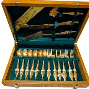 Vintage S. Samran Thailand Bronze Flatware Set - 15 Piece MCM Dessert & Serving Set - Gilded Thai Deity Design - Original Wood Case - Boho