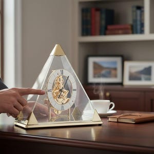Vintage Seiko Pyramid Quartz Skeleton Clock - 1980s Postmodern Glass and Brass Mantel Clock - Made in Japan in Original Box