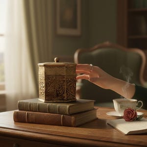 May include: A decorative, gold-colored box with ornate carvings sits atop a stack of books on a wooden table. A hand reaches towards the box. A teacup, saucer, rose, and open book are also on the table, suggesting a cozy, vintage aesthetic.