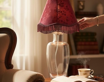Vintage Glass Table Lamp with Burgundy Fringed Shade – Elegant Floral Victorian Style Accent Light