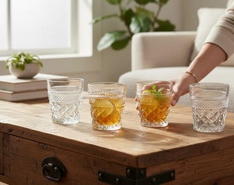 Set of 4 Vintage Anchor Hocking "Prescut" Diamond Tumblers | 1960s Retro Glassware