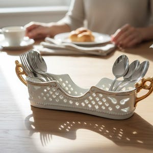 Vintage Porcelain Treasures Flatware Caddy | White Gold Lattice Utensil Holder