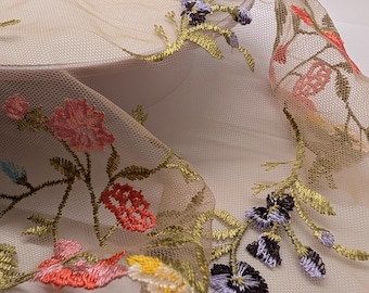 9" Floral Embroidered Tulle Lace Trim – Sold by the Yard – Multi-Color Rose Embroidery on Beige or Black Mesh – For Slow Fashion & Boho DIY