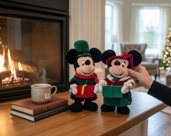 Vintage 1990s Disney Store Holiday Caroler Mickey & Minnie Plush Set (12")