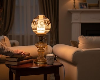 Authentic Vintage Amber Glass Hurricane Table Lamp (Circa 1960s–1970s)