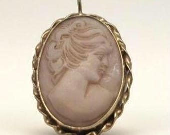 Vintage 14K Gold Carved Shell Cameo Brooch Pendant, Mid-Century 2-in-1 Left Facing Cameo Necklace, 1950s Romantic Fine Jewelry - Free Ship