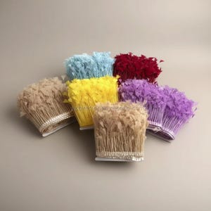 May include: A collection of colorful feather trim in shades of beige, yellow, light blue, red, purple, and brown. Each trim is attached to a white base with a silver ribbon. Ideal for crafting and embellishments.