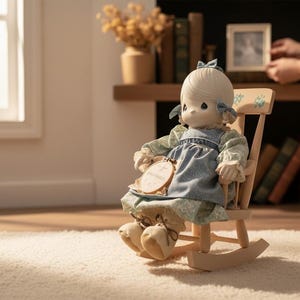 May include: A porcelain doll with blonde hair and blue ribbons, wearing a blue and green floral dress, sits in a small wooden rocking chair. The doll holds a small circular embroidery hoop with text in its lap, wearing tan shoes with brown laces.