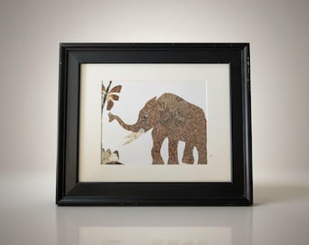 Vintage Butterfly Wing Art Elephant Collage – Framed Real Insect Wing Elephant Mosaic Wildlife Art, Eclectic Boho Safari Decor
