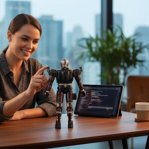 Może przedstawiać: Czarna i srebrna zabawka robota stoi na drewnianym biurku obok tabletu wyświetlającego kod. Kobieta w szarej koszuli wskazuje na robota. Filiżanka kawy stoi na podstawce. Tło obejmuje okno z widokiem na miasto.