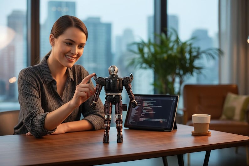 Może przedstawiać: Czarna i srebrna zabawka robota stoi na drewnianym biurku obok tabletu wyświetlającego kod. Kobieta w szarej koszuli wskazuje na robota. Filiżanka kawy stoi na podstawce. Tło obejmuje okno z widokiem na miasto.