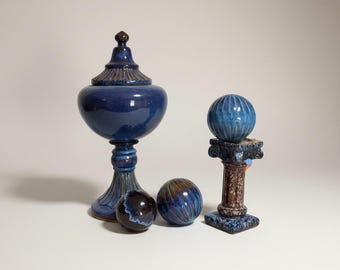 Vintage Ceramic Home Decor Set | Cobalt Blue Urn with Lid, Roman Column Pedestal with Ribbed Orb, Decorative Ceramic Spheres | Class