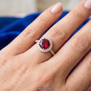 Vintage Ruby & Diamond Halo Ring, Size 7 | Genuine Red Ruby Statement Engagement Ring, Pave Accent Band in Solid 925 Sterling Silver, 2.4g