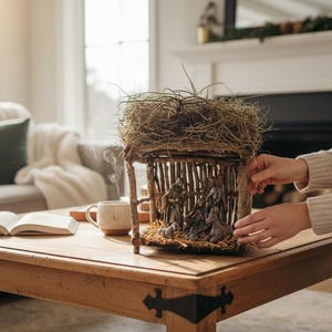 May include: A rustic nativity scene with a wooden structure and a straw roof. The figures inside depict the holy family and animals. The scene is set on a wooden table, with a book and a mug nearby. The overall theme is religious and festive.