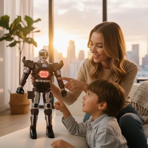 Może przedstawiać: Czarna, srebrna i czerwona zabawka robota ze świecącą klatką piersiową jest trzymana przez kobietę i dziecko. Robot ma szczeg&oacute;łowy design z hełmem i naramiennikami. Scena rozgrywa się w nowoczesnym salonie z widokiem na miasto.