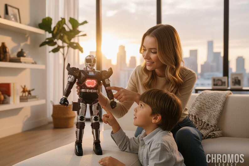 Może przedstawiać: Czarna, srebrna i czerwona zabawka robota ze świecącą klatką piersiową jest trzymana przez kobietę i dziecko. Robot ma szczeg&oacute;łowy design z hełmem i naramiennikami. Scena rozgrywa się w nowoczesnym salonie z widokiem na miasto.