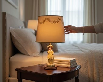 Vintage 1970s Ceramic Bonnet Girl Table Lamp with Original Pierced Floral Shade