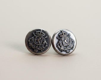 Pair of Vintage Silver-Tone Heraldic Coat Buttons. 1 inch/ 25 mm Diameter