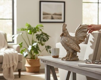Vintage Large Resin Rooster Statue | Rustic Gold & White Distressed Farmhouse Tabletop Sculpture | Country Kitchen Decor Centerpiece