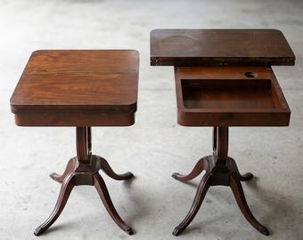 Antique Mahogany Swivel-Top Game & Sewing Table | Harp Base Pedestal with Hidden Storage