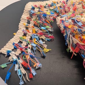 May include: A close-up shot of decorative trim with a cream-coloured woven base and colourful fringe. The fringe has small, rectangular pieces in shades of blue, red, yellow, and pink. The trim is suitable for embellishing clothing or crafts.