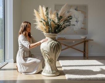 Post Modern Plaster Palm Tree Floor Vase – Hollywood Regency Style Urn – 1980s Vintage-Looking Tropical Decor