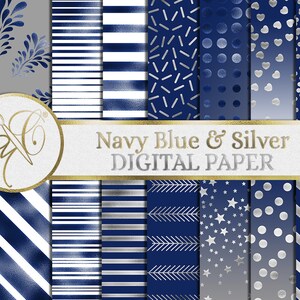 Navy Blue and Silver Digital Paper, Foil Effect, Background Pattern, Digital Background, Scrapbooking Paper INSTANT DOWNLOAD image 1