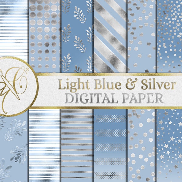 Light Blue and Silver Digital Paper, Foil Effect, Background Pattern, Digital Background, Scrapbooking Paper - INSTANT DOWNLOAD